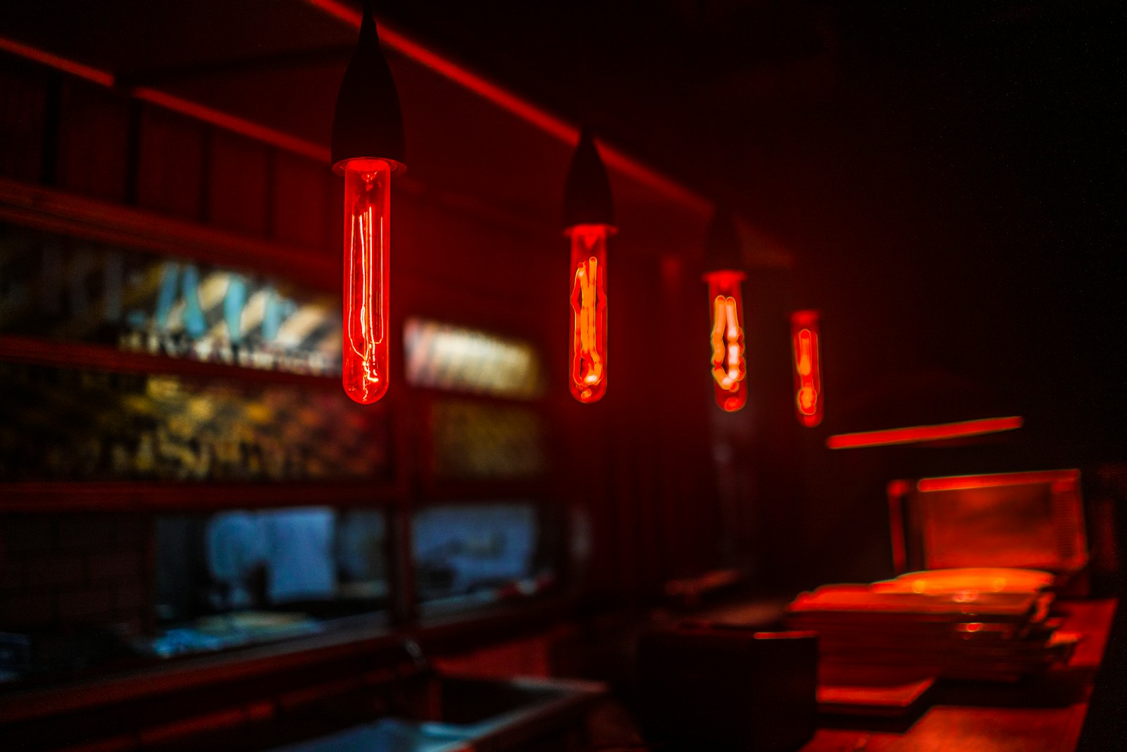 red string lights on counter