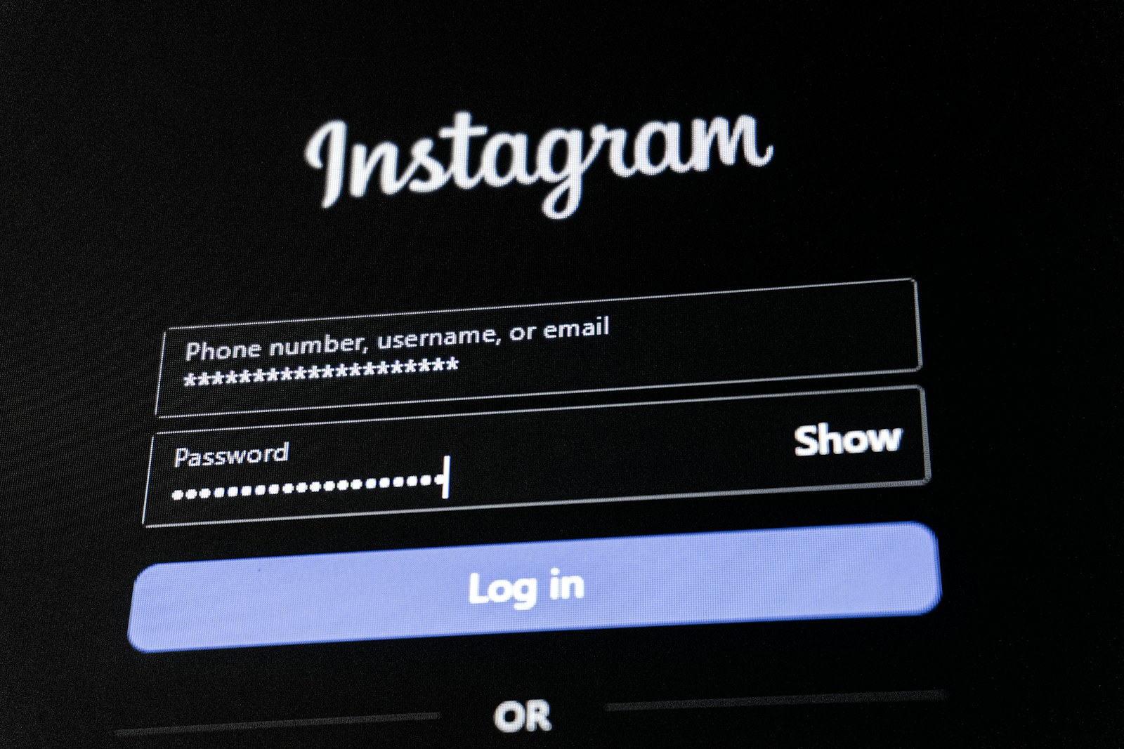 Instagram login screen with fields for username and password