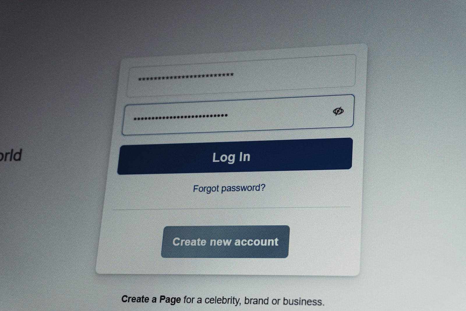 Facebook login screen with username and password fields