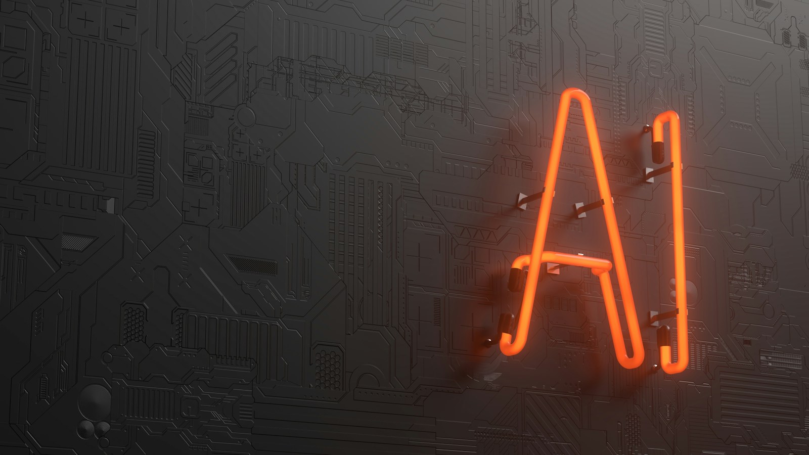 An orange neon sign reading AI on a dark grey textured circuit board