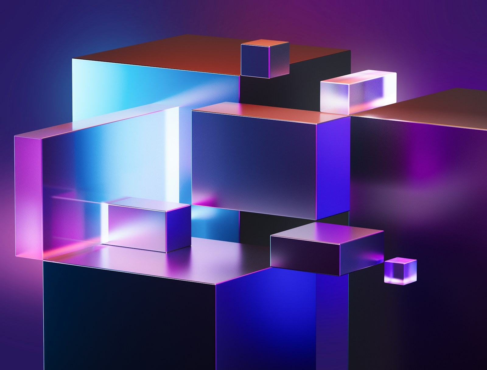Floating metallic cubes in shades of blue and purple with reflective surfaces