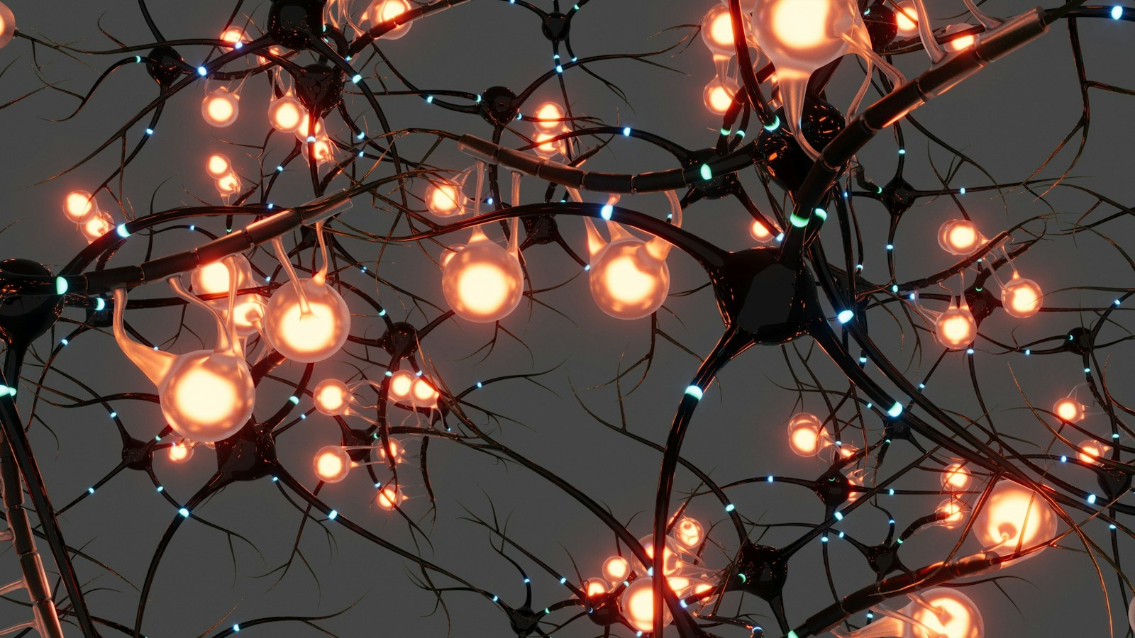 Interconnected dark nerve cells with glowing orange nodes and small blue light pulses