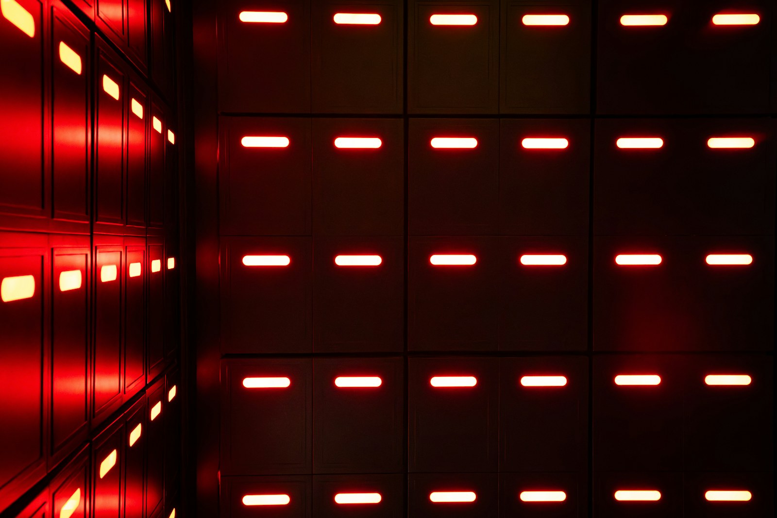 A room with a lot of red lights in it
