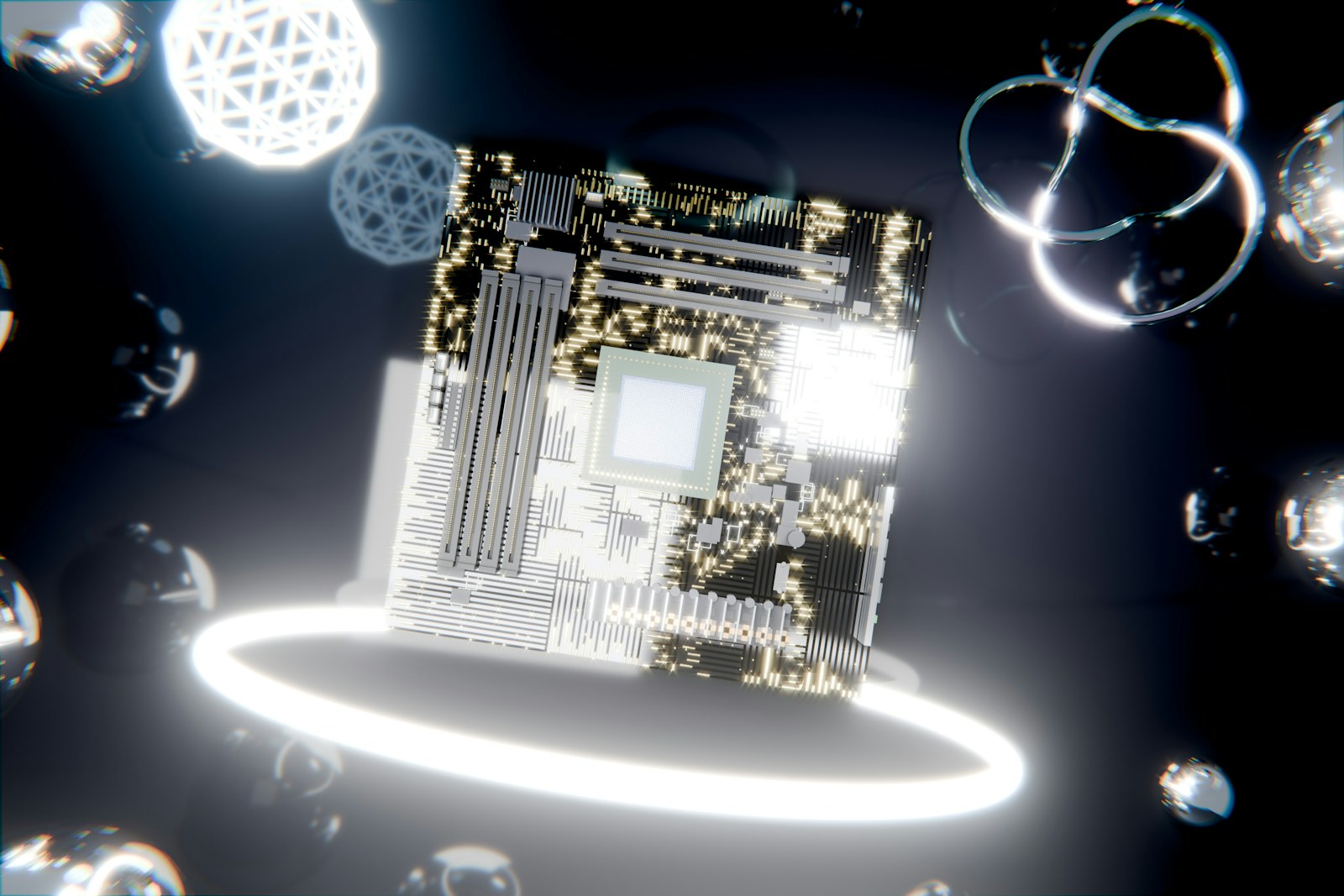 A glowing circuit board surrounded by abstract digital elements