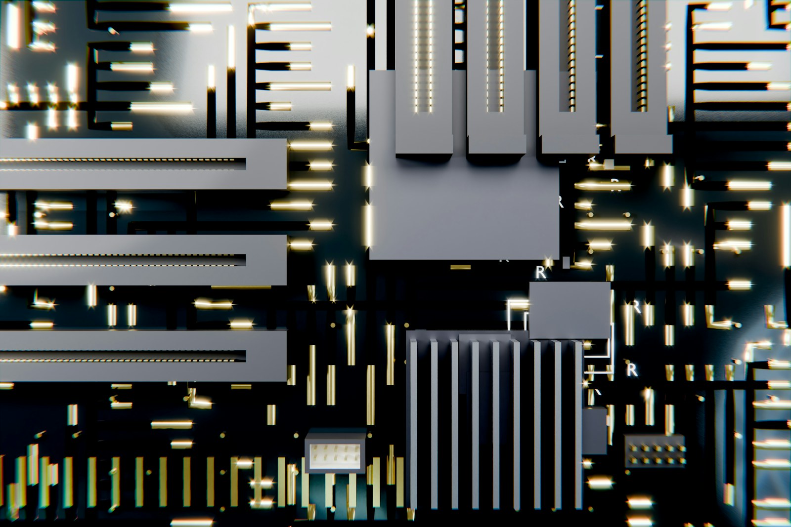 Digital circuit board with glowing lines and components