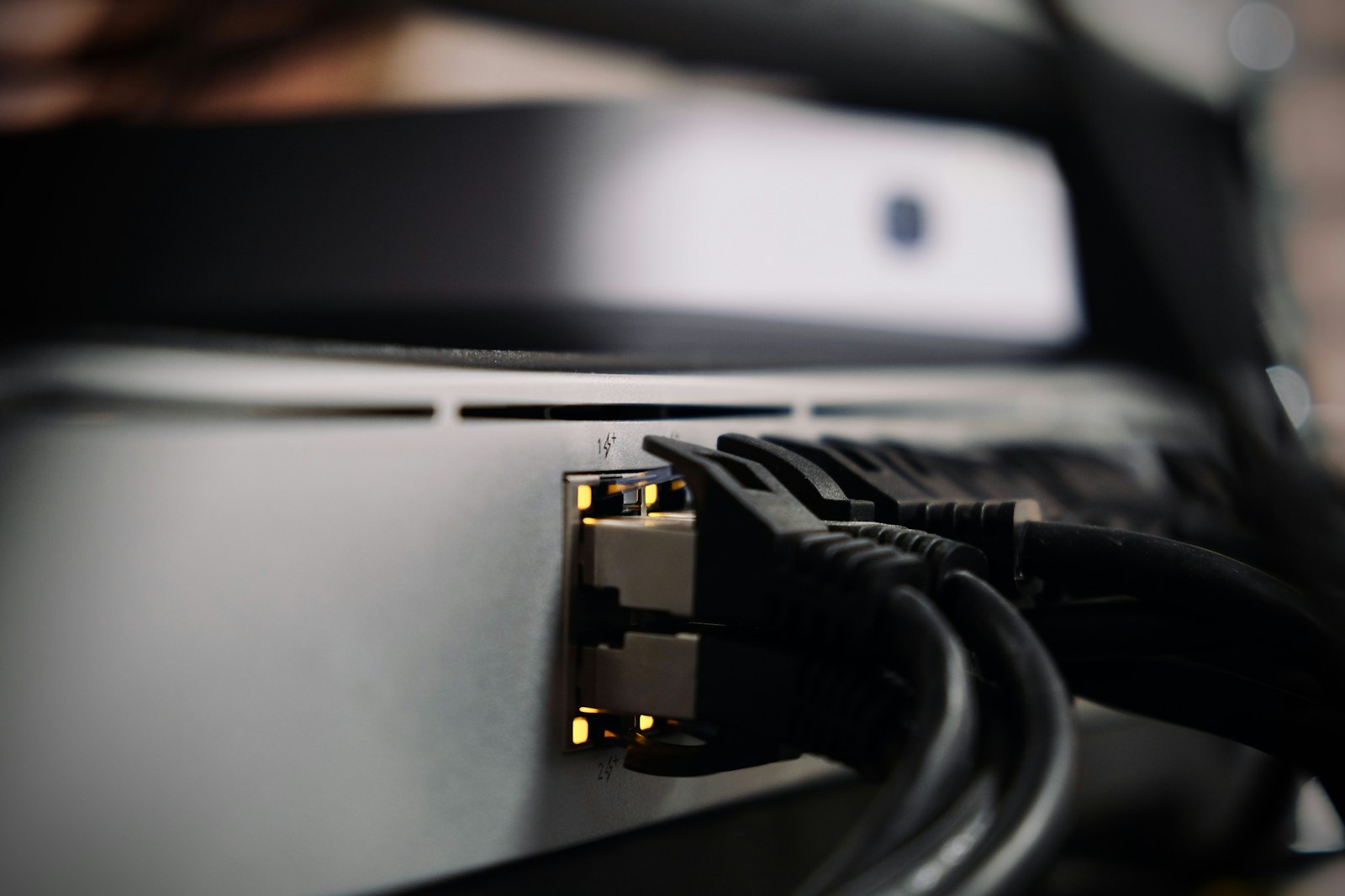 Ethernet cables connected to the back of a network device