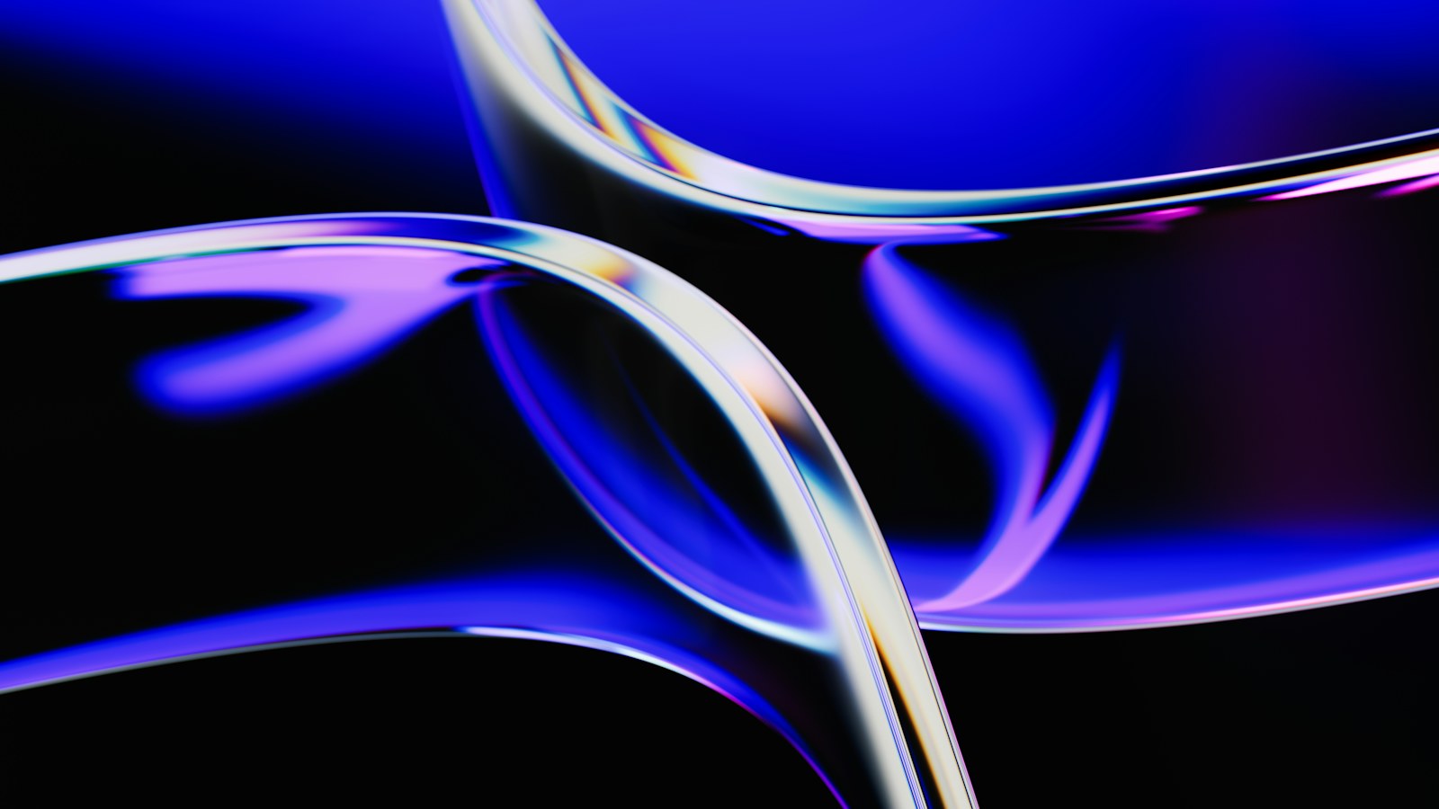 Abstract flowing curves with blue and purple light reflections on a dark background