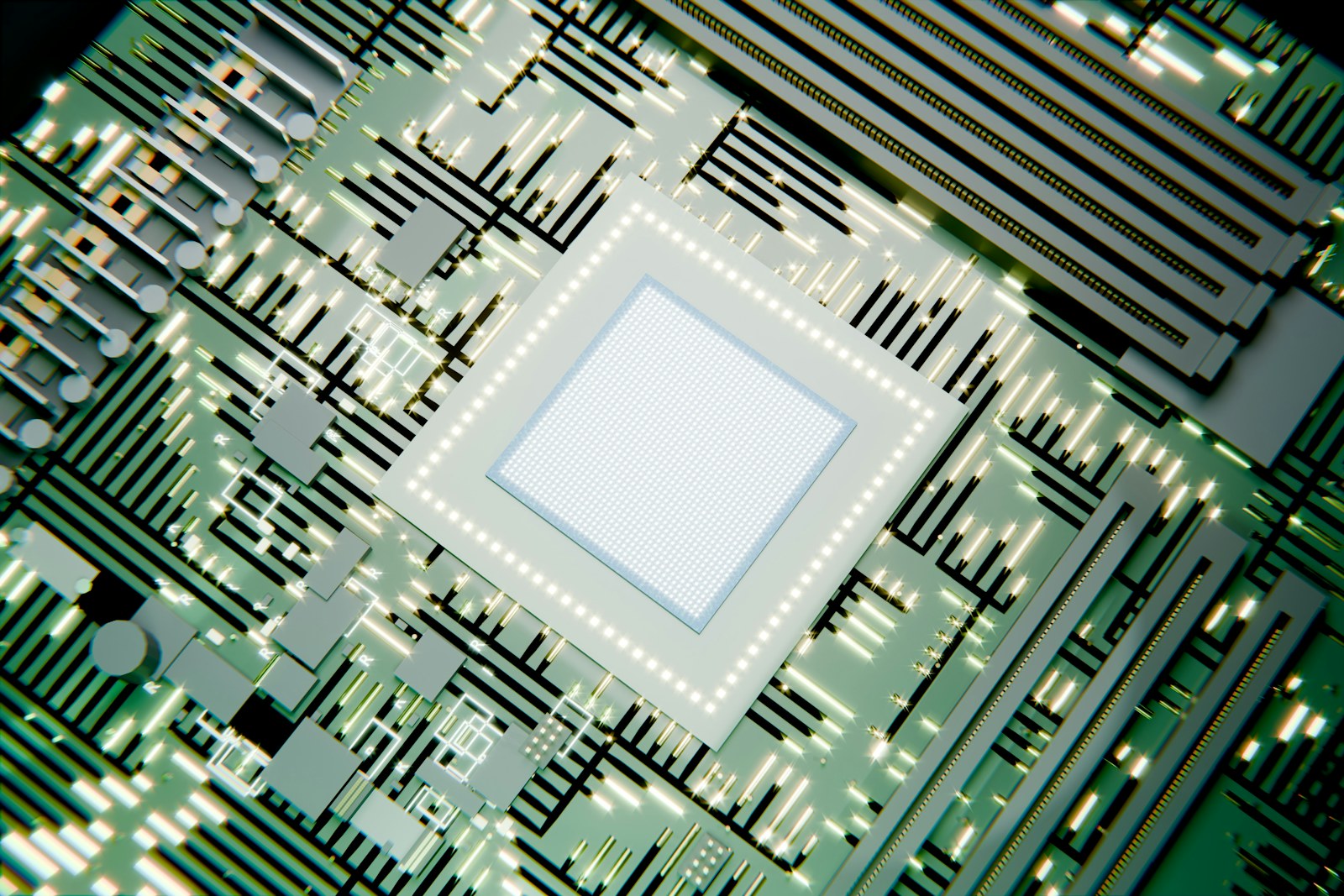 A glowing microchip on a green circuit board