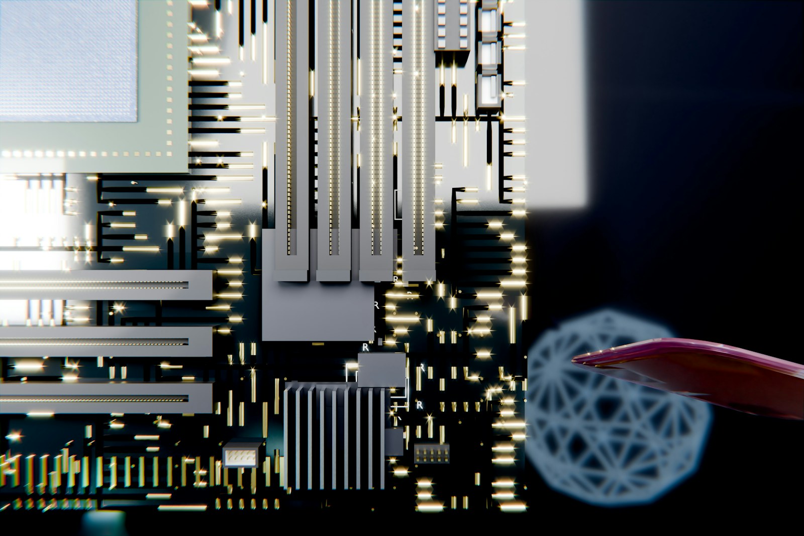Red finger interacts with glowing blue sphere near circuit board