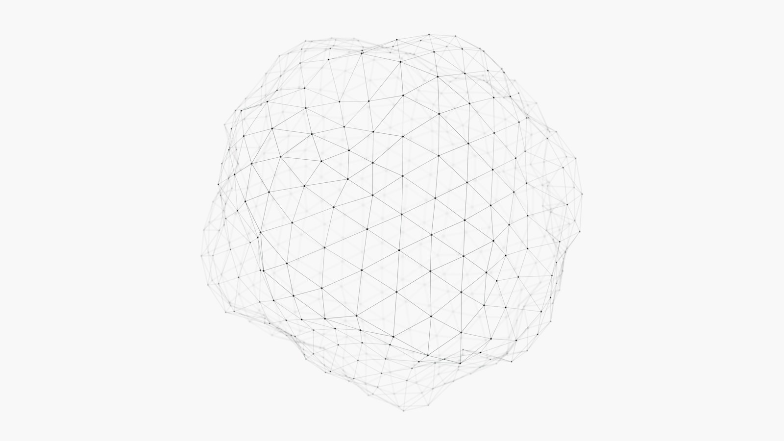 A spherical wireframe structure composed of interconnected black dots and thin lines