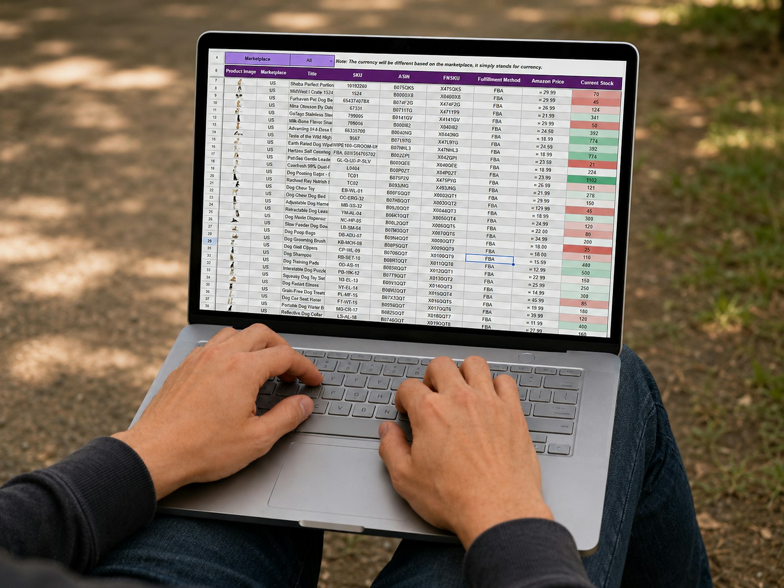 Person working on a laptop with a spreadsheet outdoors