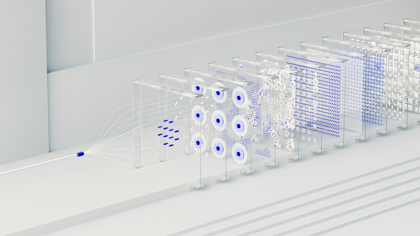 A blue capsule connected to thin lines passing through a series of glass panels
