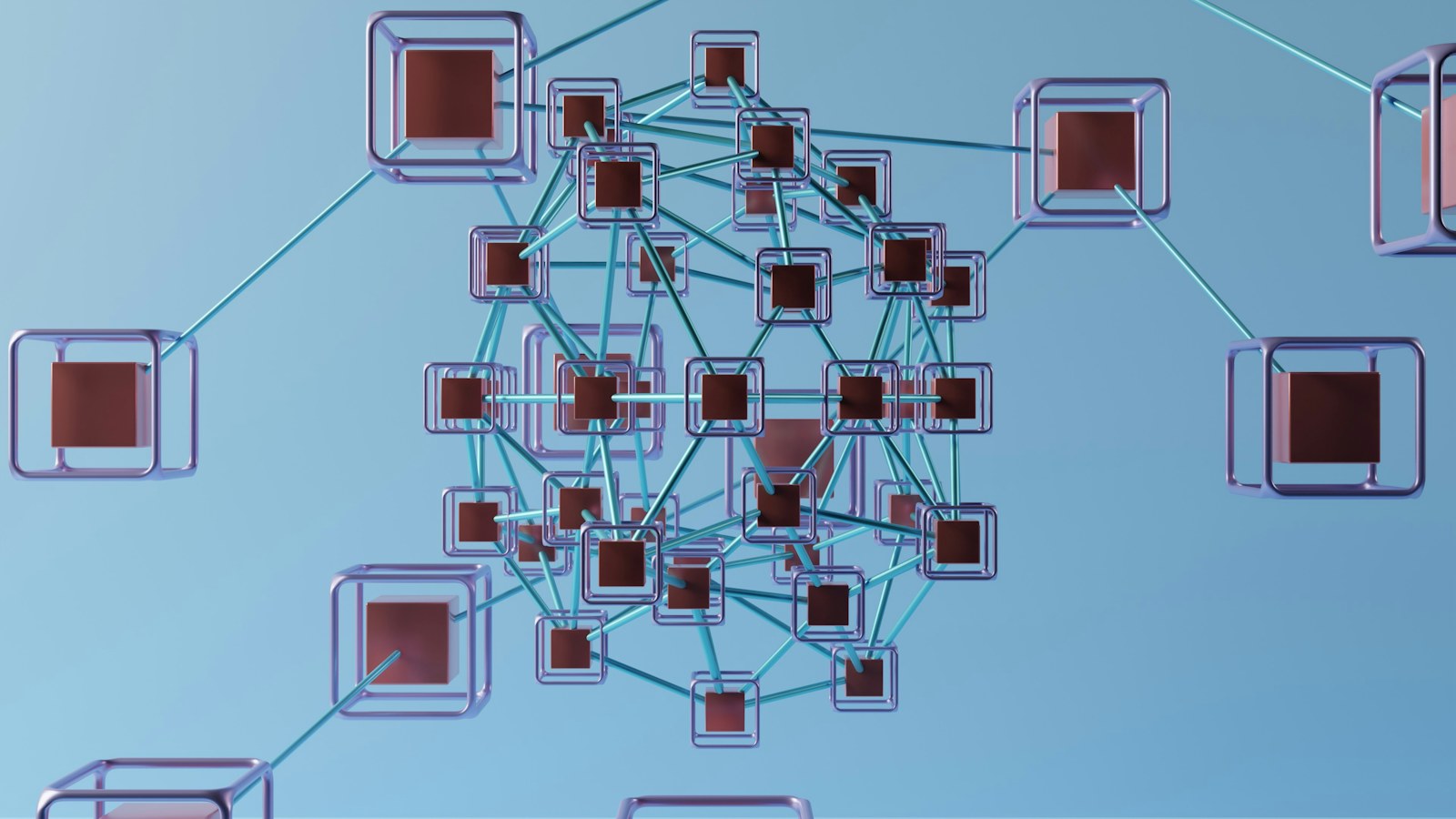 A network of interconnected cubes and thin blue lines against a light blue background