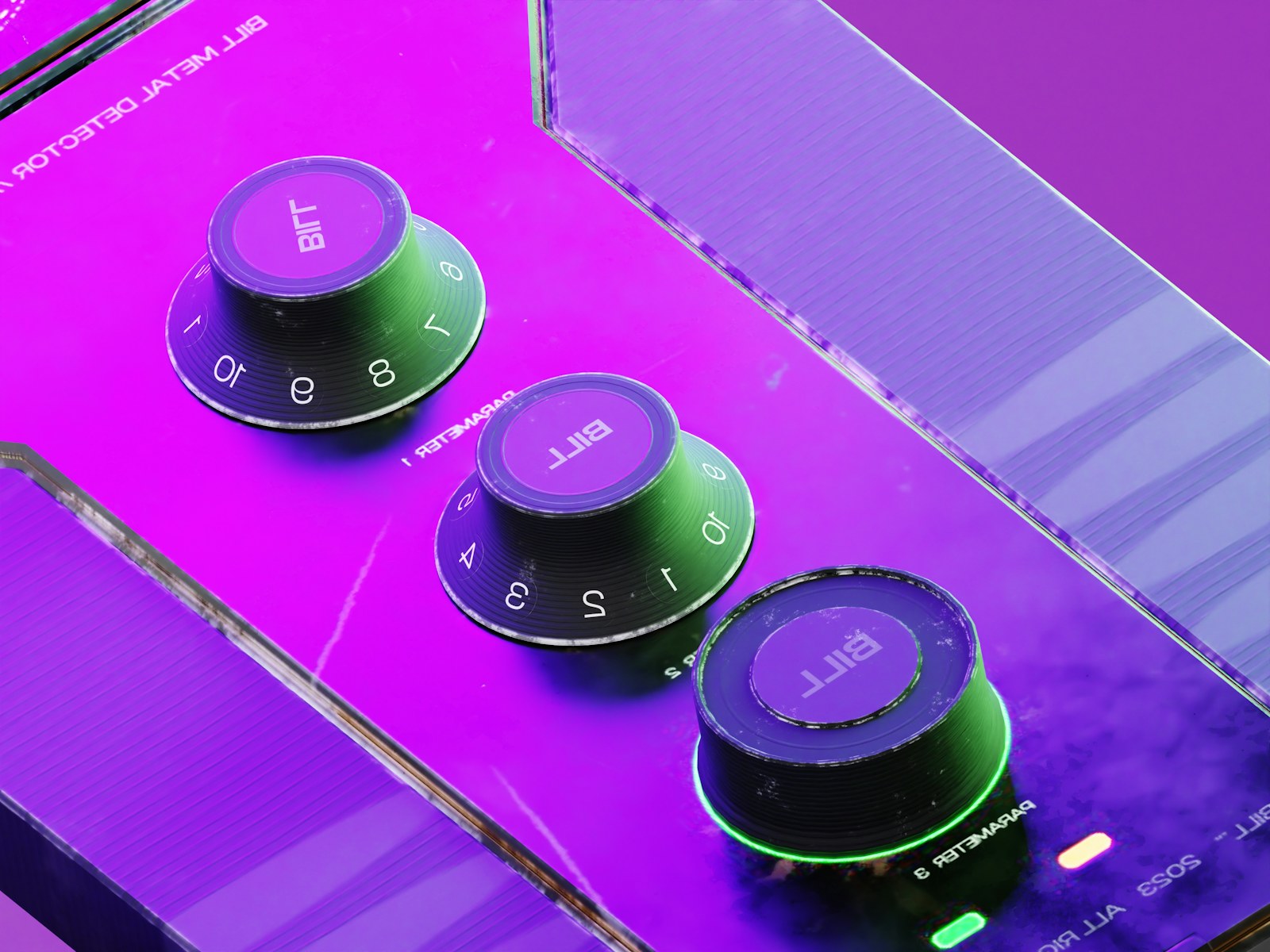 Three green knobs on a control panel