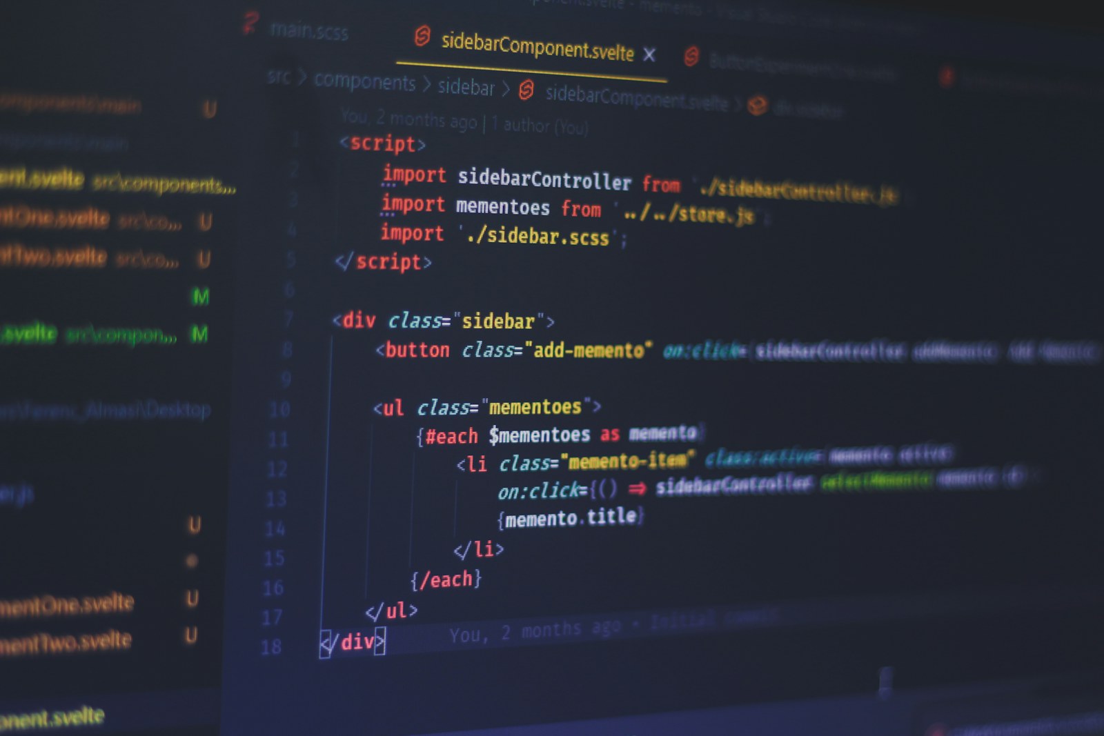 Svelte code displayed on a dark computer screen in a code editor