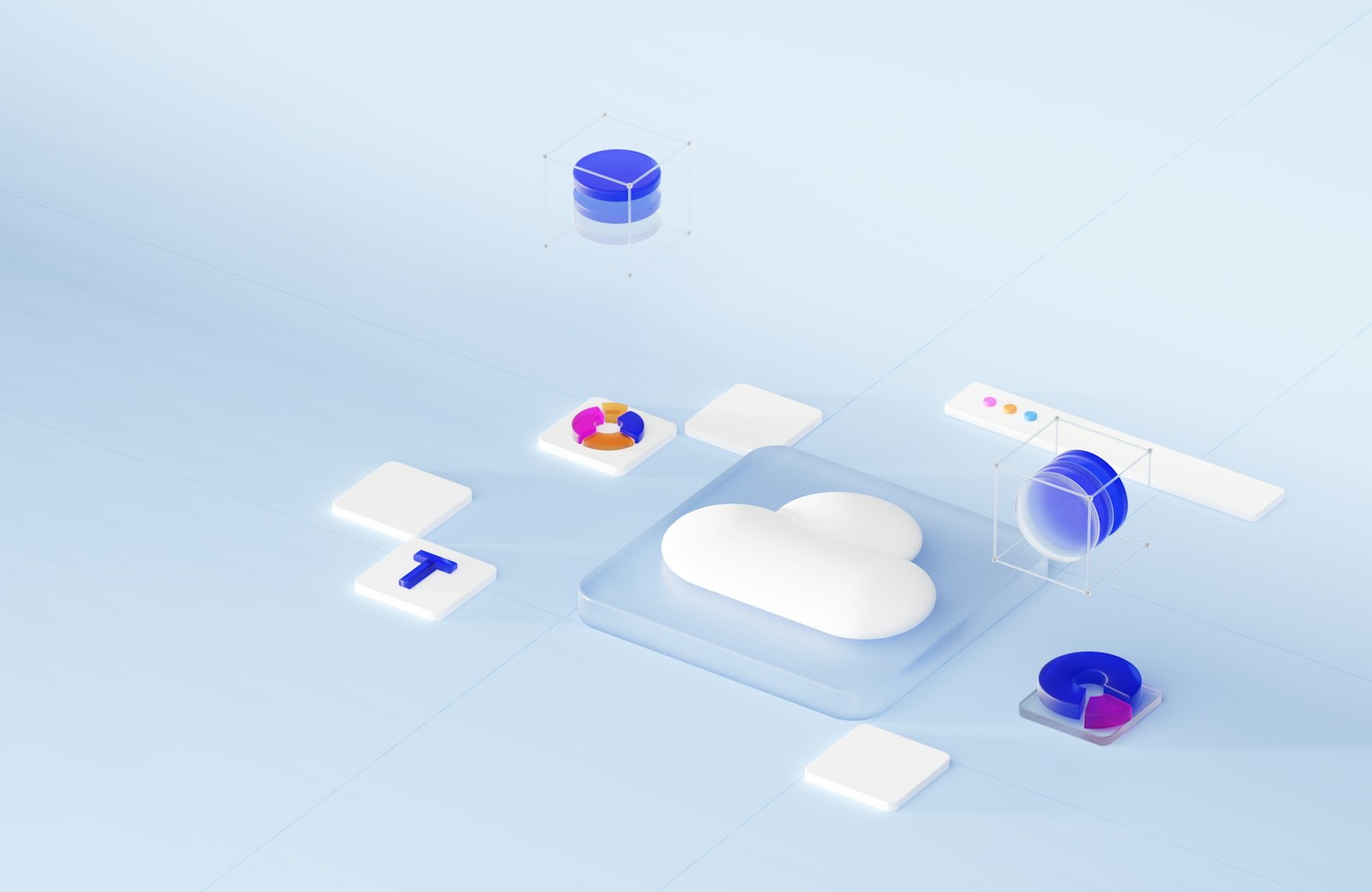 A white cloud icon on a glass square with floating data charts and cylinders