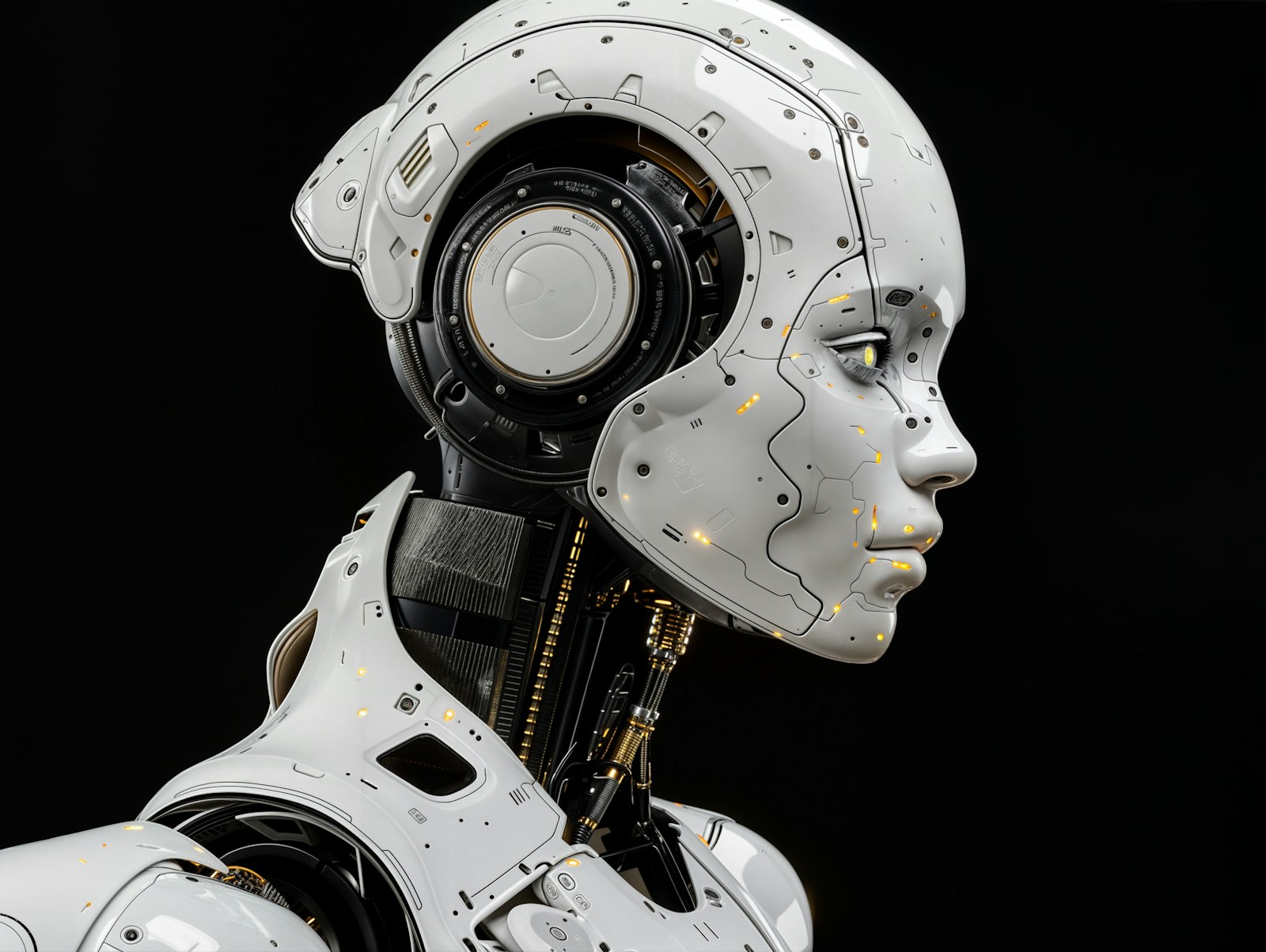 A white robot is standing in front of a black background