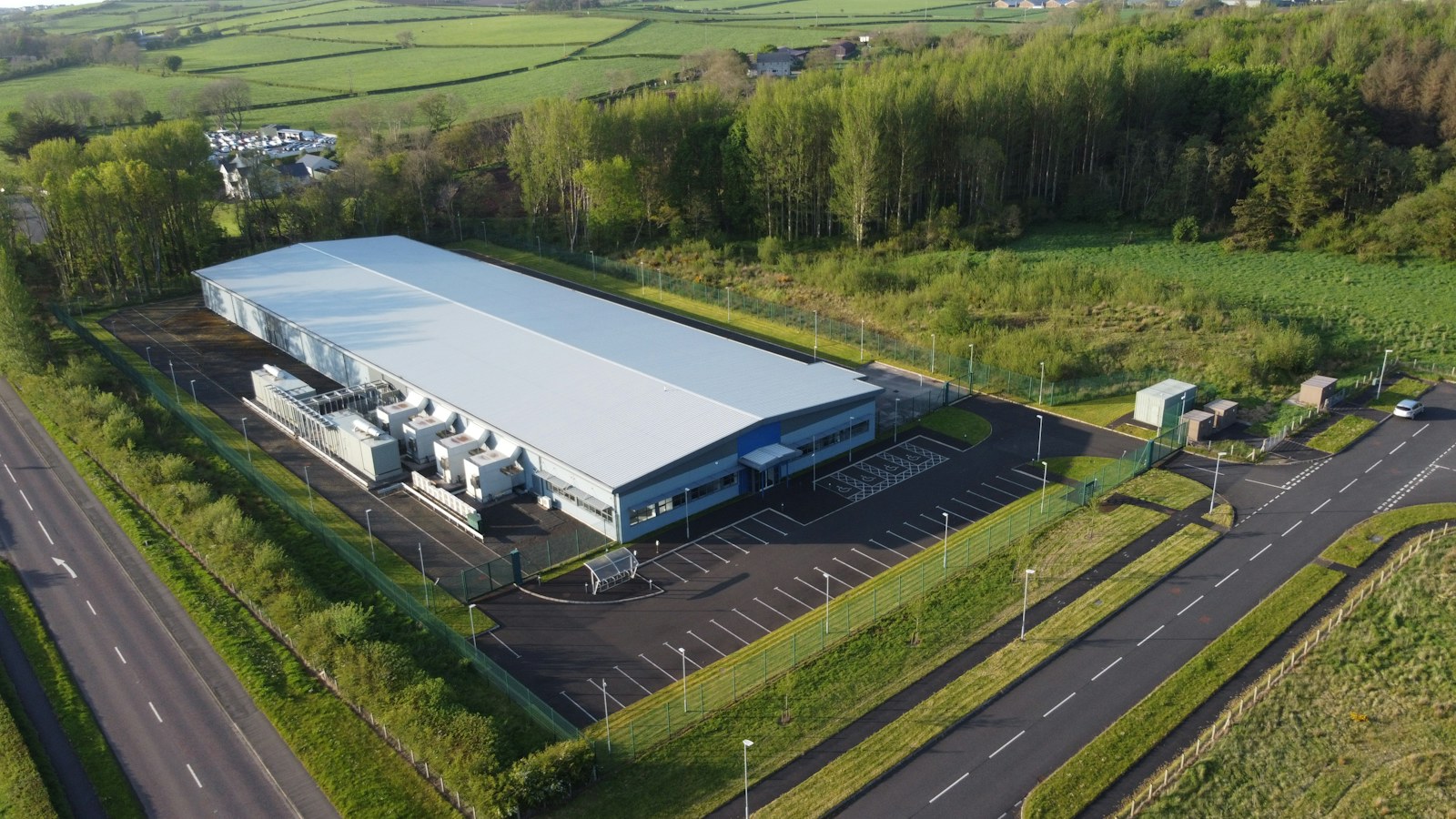 an aerial view of a large industrial building