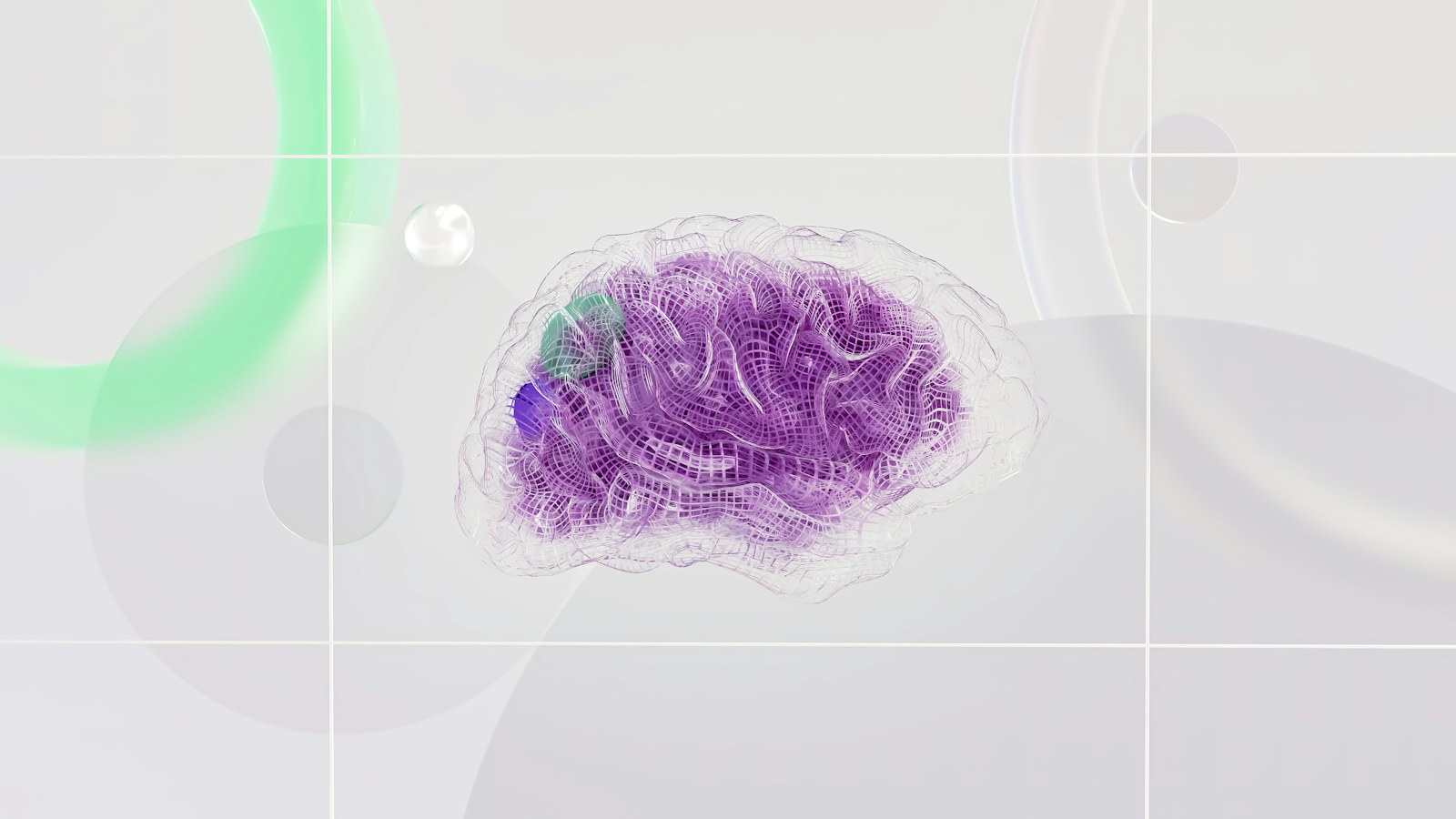 A wireframe human brain with purple and green highlights on a light background