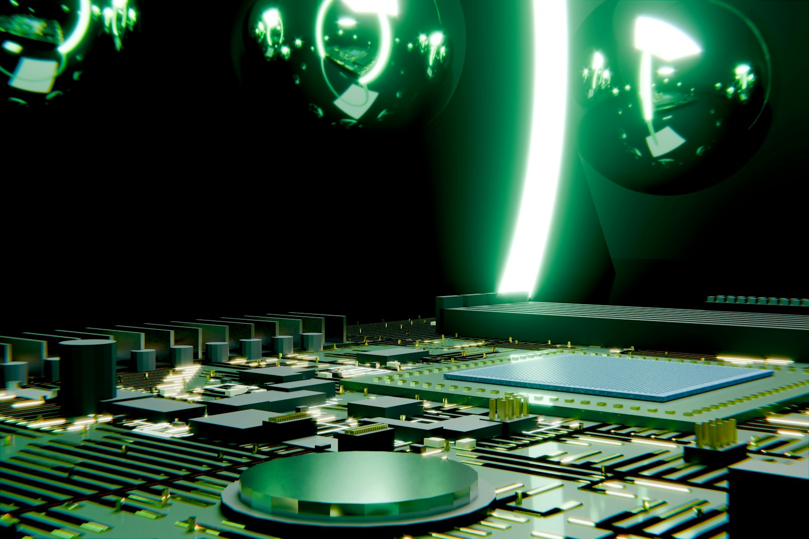 A circuit board illuminated by vibrant green light and reflections