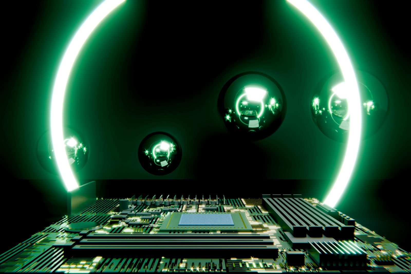 A circuit board with glowing green rings and reflective spheres