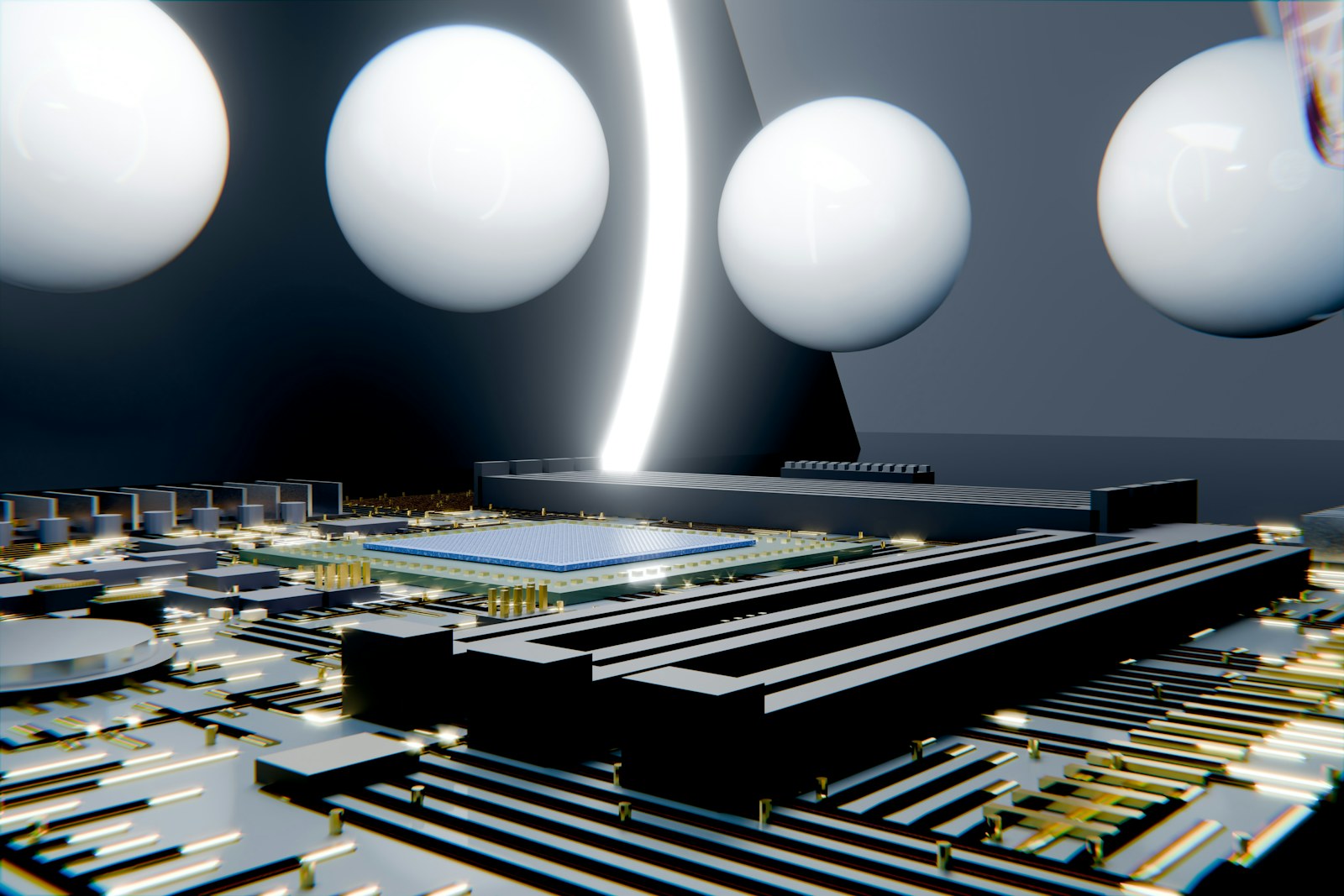 Futuristic circuit board with white spheres and glowing light