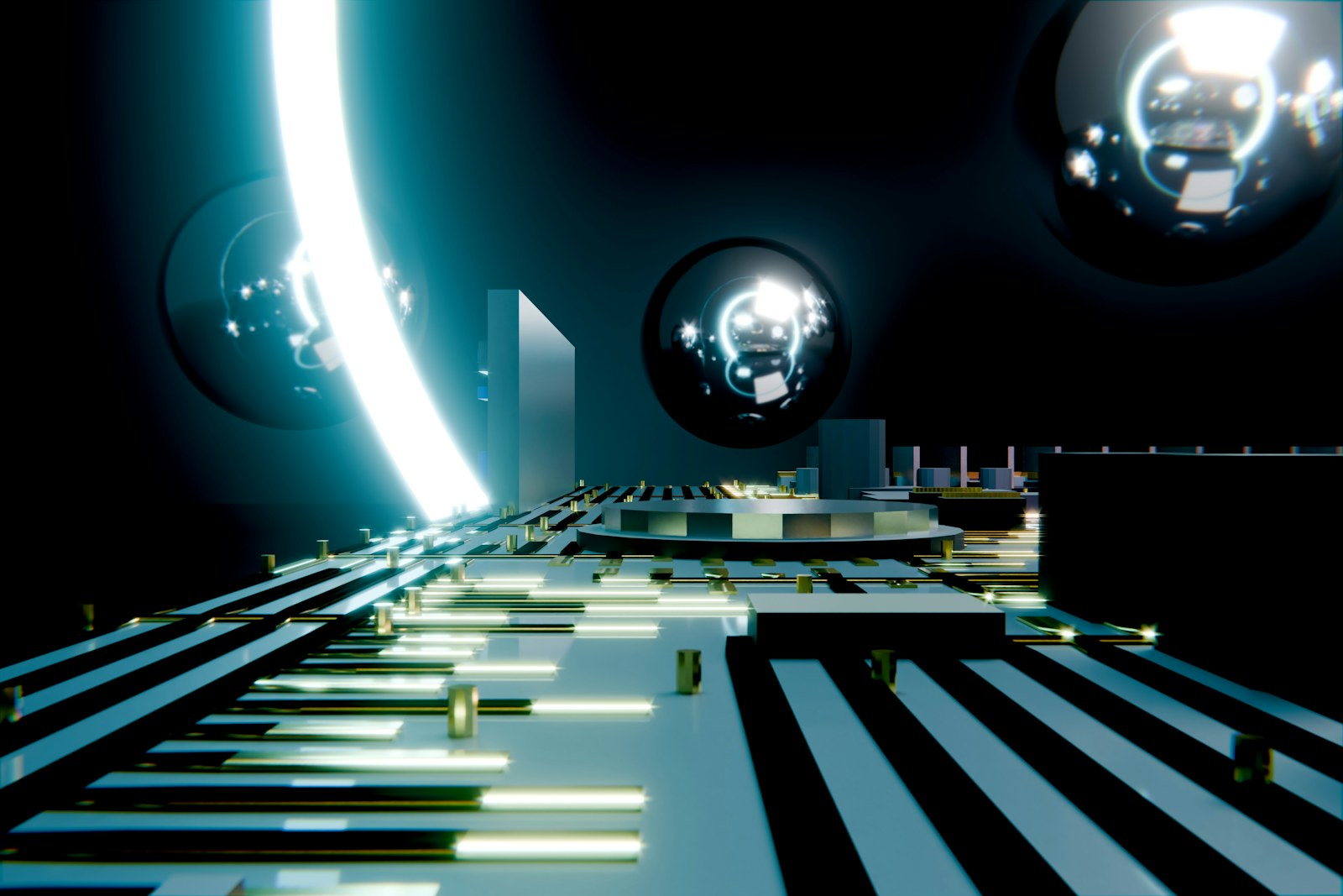 Futuristic digital landscape with glowing blue lines and spheres