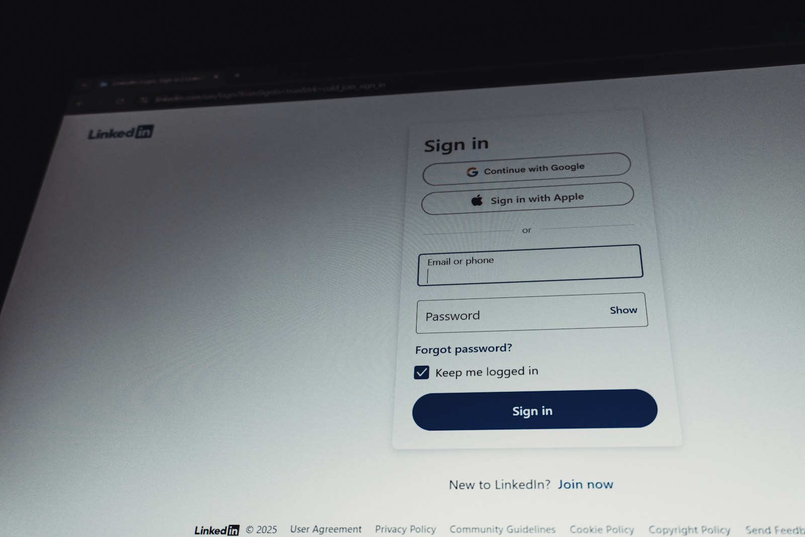 Linkedin sign in page with email and password fields