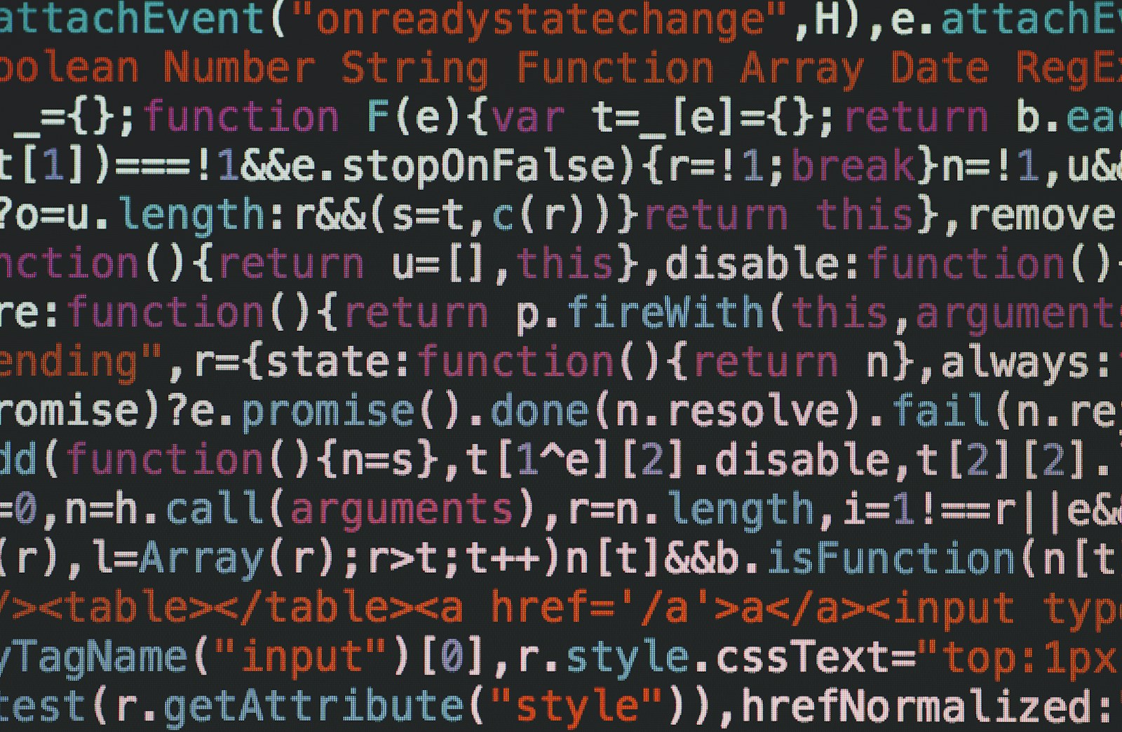Lines of colorful JavaScript code displayed on a dark screen