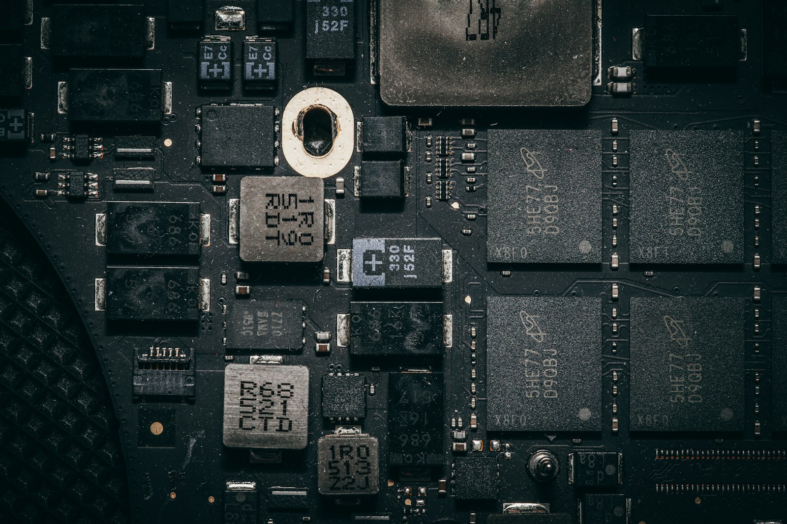 Close-up view of a complex electronic circuit board
