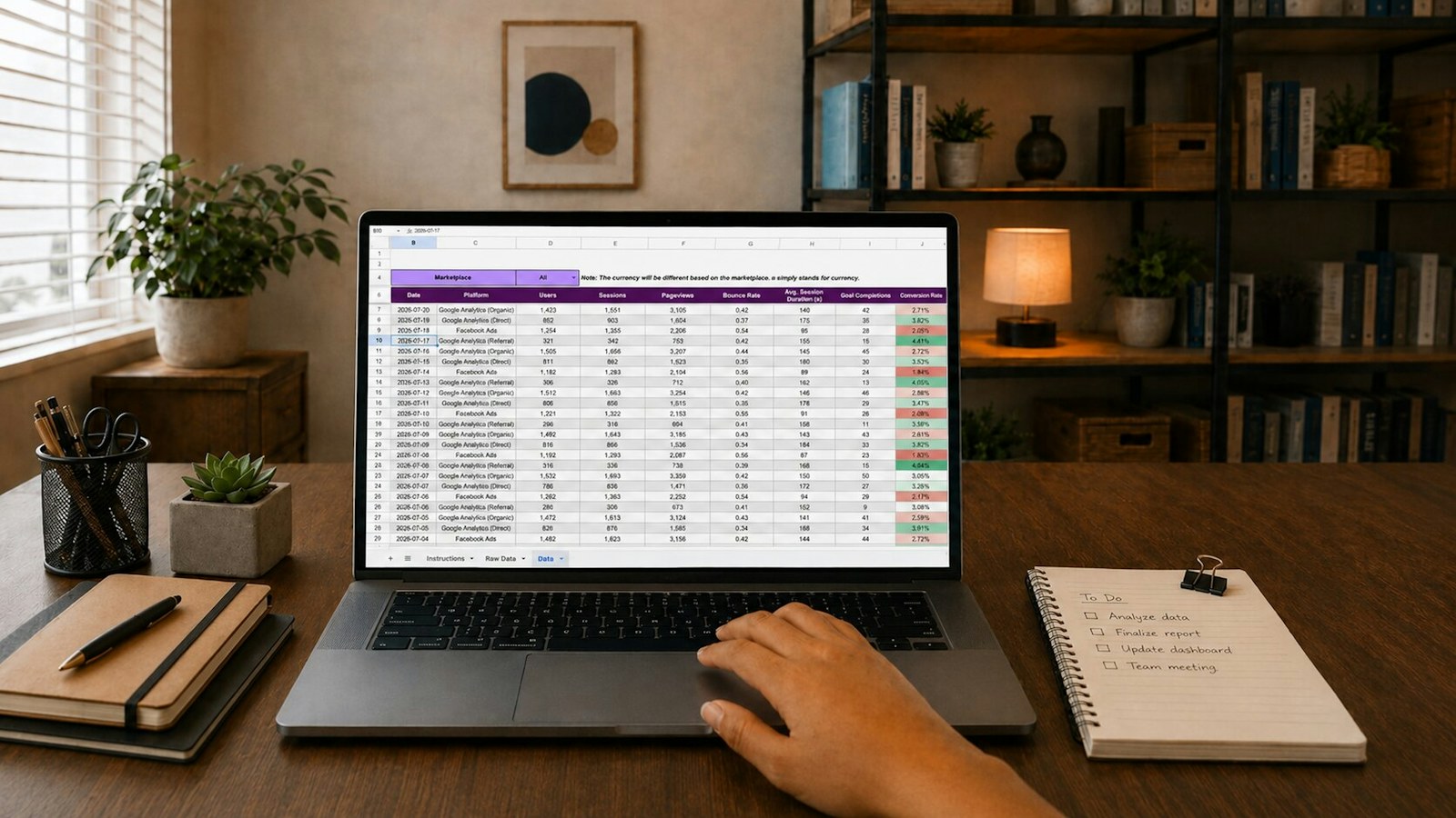 Hand operating laptop displaying data spreadsheet on a desk