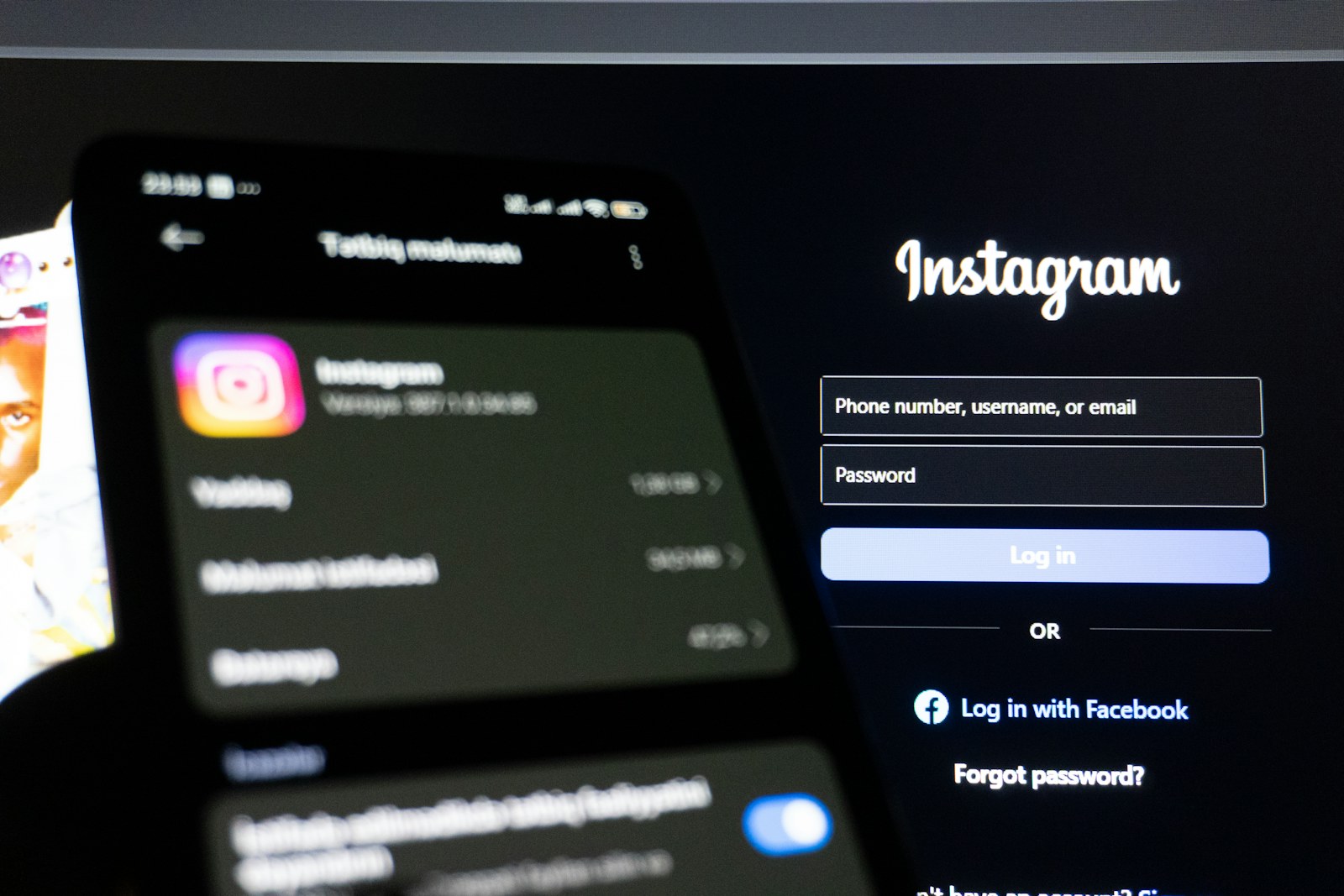 Instagram app on phone and login screen