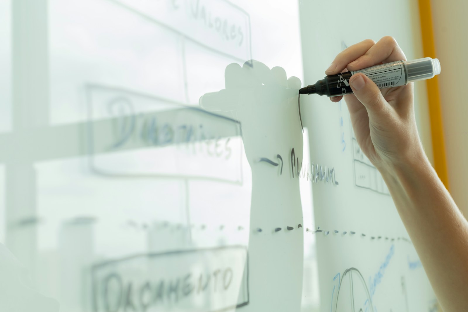 Hand drawing a diagram on a whiteboard